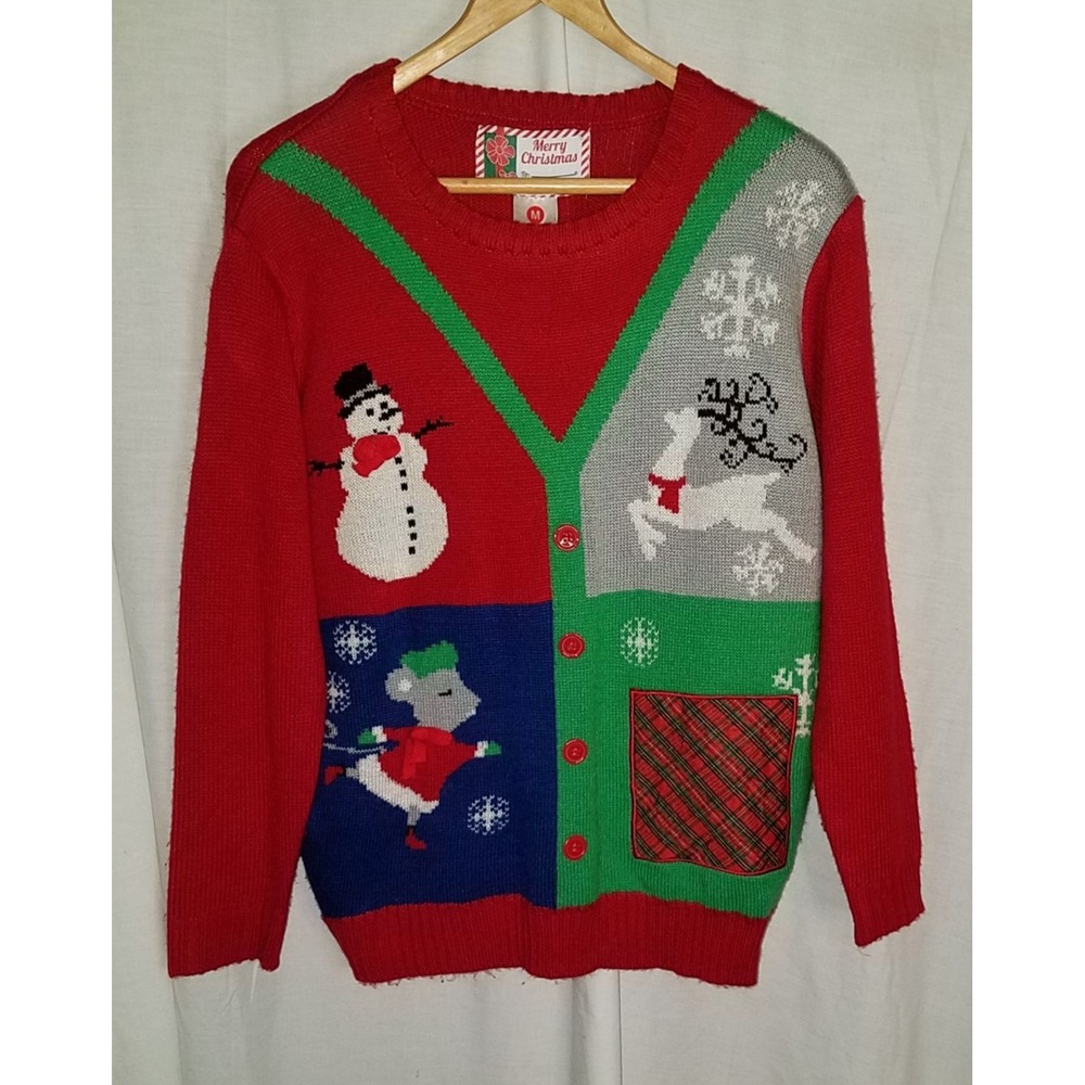 Merry Christmas Mice Snowman Reindeer Pullover Sweater SZ M‎